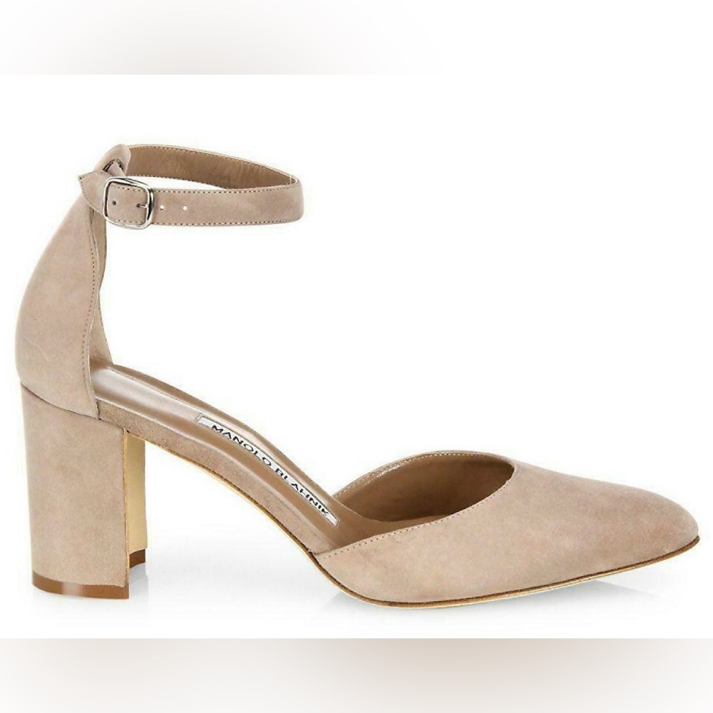 Manolo Blahnik Lausam Suede Block Heel Ankle Strap Shoes